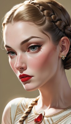 1girl,solo,long hair,looking at viewer,blue eyes,blonde hair,simple background,brown hair,dress,jewelry,collarbone,braid,earrings,parted lips,artist name,white dress,lips,eyelashes,makeup,lipstick,brooch,gem,portrait,close-up,forehead,freckles,brown background,realistic,nose,red lips,mascara,blush,closed mouth,necklace,watermark,eyeshadow,gold trim,eyeliner,red gemstone,mole on cheek