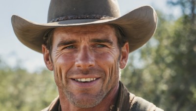 solo,looking at viewer,smile,short hair,brown hair,shirt,black hair,1boy,hat,male focus,outdoors,teeth,day,grin,blurry,depth of field,blurry background,facial hair,portrait,beard,realistic,mustache,brown headwear,cowboy hat,green eyes,lips,scar,half-closed eyes,thick eyebrows,scar on face