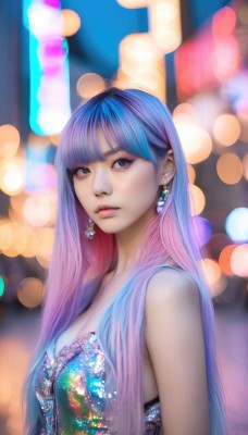 1girl,solo,long hair,breasts,looking at viewer,bangs,dress,cleavage,bare shoulders,jewelry,medium breasts,blue hair,upper body,pink hair,purple hair,multicolored hair,earrings,parted lips,blunt bangs,blurry,black eyes,from side,two-tone hair,lips,eyelashes,strapless,gradient hair,makeup,depth of field,blurry background,blue dress,realistic,nose,bokeh,closed mouth,artist name,looking to the side,watermark,gem,strapless dress,web address,eyeshadow,eyeliner,mascara,city lights