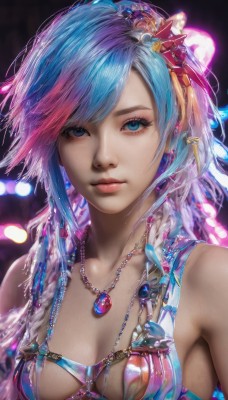 1girl,solo,long hair,breasts,looking at viewer,short hair,bangs,blue eyes,hair ornament,cleavage,bare shoulders,jewelry,medium breasts,closed mouth,blue hair,collarbone,upper body,pink hair,braid,multicolored hair,earrings,shiny,necklace,blurry,two-tone hair,lips,eyelashes,gradient hair,swept bangs,feathers,gem,pendant,pink lips,realistic,nose,swimsuit,bikini,star (symbol),twin braids,makeup,watermark,bikini top only,freckles,beads,feather hair ornament,mascara