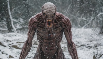 solo,looking at viewer,open mouth,1boy,standing,yellow eyes,male focus,outdoors,teeth,blurry,tree,no humans,muscular,sharp teeth,snow,monster,snowing,bare tree,alien,horror (theme),1other