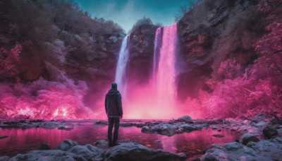 solo, 1boy, standing, jacket, male focus, outdoors, sky, pants, hood, water, from behind, tree, night, star (sky), nature, night sky, scenery, starry sky, rock, waterfall