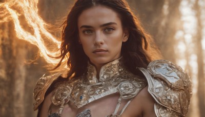 1girl,solo,long hair,breasts,looking at viewer,brown hair,black hair,brown eyes,closed mouth,upper body,armor,mole,blurry,lips,dutch angle,blurry background,expressionless,shoulder armor,portrait,forehead,pauldrons,realistic,nose,fantasy,bikini armor,close-up,backlighting,mole on breast