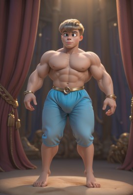 solo,short hair,blonde hair,black hair,1boy,navel,brown eyes,jewelry,closed mouth,nipples,standing,full body,male focus,thighs,barefoot,belt,pants,stomach,blurry,bracelet,looking to the side,muscular,blurry background,thick thighs,abs,thick eyebrows,pectorals,curtains,muscular male,bara,large pectorals,bulge,topless male,sideburns,realistic,blue pants,chest hair,navel hair,baggy pants,thick arms,smile,brown hair,artist name,spotlight