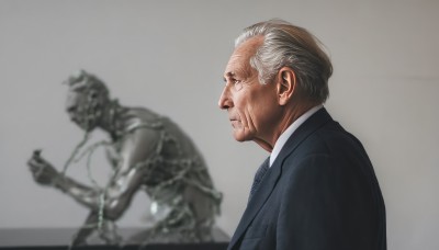 solo,short hair,shirt,1boy,closed mouth,jacket,white shirt,upper body,grey hair,male focus,necktie,collared shirt,grey background,blurry,from side,black jacket,profile,blurry background,formal,suit,realistic,old,old man,statue,simple background,white hair,black necktie,wrinkled skin