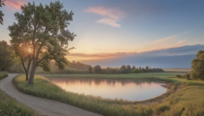 outdoors,sky,day,cloud,water,tree,blue sky,no humans,sunlight,grass,nature,scenery,forest,reflection,sunset,mountain,road,river,landscape,lake,path,cloudy sky,plant,horizon,bush,field,gradient sky