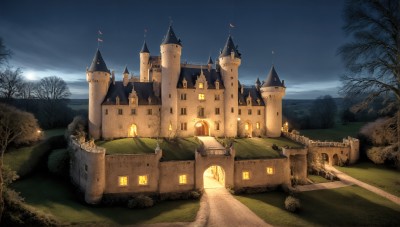 HQ,outdoors,sky,day,cloud,tree,no humans,window,night,grass,building,scenery,stairs,mountain,fence,fantasy,road,house,lamppost,bare tree,castle,tower,path,church,moon,nature,night sky,full moon,forest,bush,statue,landscape,arch