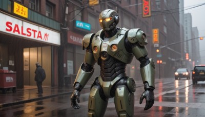 1boy,standing,jacket,male focus,outdoors,multiple boys,solo focus,2boys,armor,uniform,military,glowing,helmet,suit,robot,ground vehicle,building,mecha,motor vehicle,walking,science fiction,city,sign,realistic,car,road,police,street,police uniform,open hands,power armor,cyberpunk,humanoid robot,traffic light,truck,convenience store,blurry,orange eyes,formal,glowing eyes,rain,lights