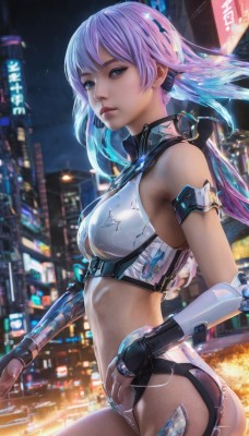 1girl,solo,long hair,breasts,looking at viewer,bangs,blue eyes,gloves,bare shoulders,medium breasts,pink hair,purple hair,ass,multicolored hair,outdoors,sky,midriff,fingerless gloves,blurry,from side,lips,night,building,science fiction,city,realistic,cyborg,city lights,cyberpunk,navel,blue hair,blurry background,android,cityscape,neon lights,holographic interface,hologram