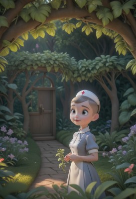 1girl,solo,smile,short hair,brown hair,hat,dress,holding,brown eyes,standing,flower,short sleeves,outdoors,puffy sleeves,white dress,tree,puffy short sleeves,leaf,grass,plant,child,nature,forest,nurse cap,door,holding flower,nurse,path,black hair,apron,blue dress