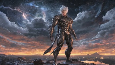 solo,looking at viewer,1boy,closed mouth,standing,full body,white hair,male focus,outdoors,sky,cloud,bodysuit,muscular,glowing,abs,cloudy sky,pectorals,muscular male,spiked hair,star (sky),scenery,clenched hands,starry sky,veins,sunset,mountain,manly,mountainous horizon,constellation,nude,night,night sky,lightning