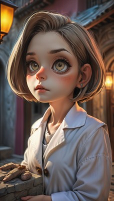 1girl,solo,looking at viewer,blush,short hair,brown hair,shirt,long sleeves,holding,brown eyes,jewelry,closed mouth,white shirt,upper body,earrings,outdoors,collared shirt,blurry,lips,fingernails,eyelashes,blurry background,ring,cardigan,forehead,freckles,nose,stud earrings,parted lips,artist name,necklace,buttons,watermark,thick eyebrows,looking up,lantern