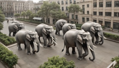 outdoors,horns,day,tree,no humans,building,scenery,monster,city,road,horse,street,dinosaur,animal,realistic,bush