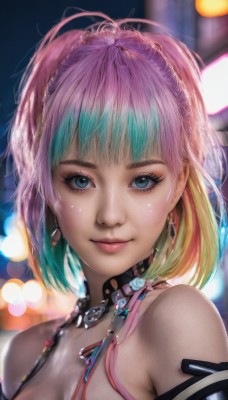 1girl,solo,breasts,looking at viewer,smile,short hair,bangs,blue eyes,blonde hair,cleavage,bare shoulders,jewelry,medium breasts,closed mouth,blue hair,upper body,pink hair,multicolored hair,earrings,green hair,choker,artist name,necklace,blurry,two-tone hair,lips,eyelashes,aqua hair,gradient hair,makeup,depth of field,blurry background,watermark,portrait,web address,realistic,nose,bokeh,rainbow hair,ponytail,braid,night,eyeshadow,freckles,science fiction,pink lips,eyeliner,mascara,cyberpunk