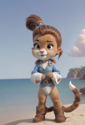 1girl,solo,looking at viewer,smile,short hair,brown hair,shirt,long sleeves,animal ears,brown eyes,jewelry,closed mouth,standing,jacket,tail,full body,ponytail,earrings,boots,outdoors,sky,day,belt,artist name,cloud,water,blurry,tree,blue sky,blurry background,ocean,watermark,beach,brown footwear,blue jacket,no pants,furry,pocket,rock,sand,palm tree,furry female,horizon,female child,brown belt,body fur,animal nose,denim jacket,open mouth,hair ornament,japanese clothes,no humans,shadow,hair bobbles,fundoshi,topknot,brown fur