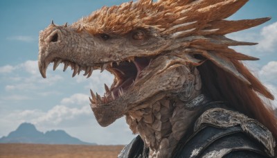 solo,open mouth,upper body,outdoors,sky,teeth,day,tongue,cloud,armor,blurry,from side,blue sky,no humans,fangs,sharp teeth,1other,monster,mountain,dragon,scales,desert,horns,profile,shoulder armor