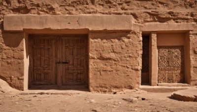 monochrome,outdoors,no humans,bird,building,scenery,stairs,door,ruins,house,sepia,pillar,brown theme,shadow,rock,sand,still life,desert,stone,column,wood