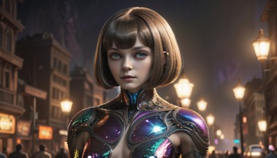 1girl,solo,breasts,looking at viewer,short hair,bangs,blue eyes,brown hair,upper body,outdoors,parted lips,sky,solo focus,artist name,blunt bangs,armor,blurry,lips,bodysuit,makeup,night,blurry background,glowing,bob cut,ground vehicle,building,motor vehicle,science fiction,city,realistic,nose,lamppost,small breasts,eyelashes,piercing,star (sky),night sky,cyberpunk