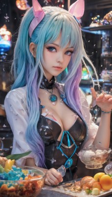 1girl,solo,long hair,breasts,looking at viewer,bangs,blue eyes,dress,holding,animal ears,cleavage,jewelry,medium breasts,closed mouth,blue hair,upper body,multicolored hair,food,choker,necklace,blurry,bracelet,cup,lips,see-through,gradient hair,fruit,depth of field,blurry background,fake animal ears,gem,pendant,bowl,realistic,spoon,nose,orange (fruit),orange slice,shirt,ribbon,ponytail,purple hair,sidelocks,hairband,open clothes,artist name,hand up,eyelashes,expressionless,table,holding spoon,blue gemstone