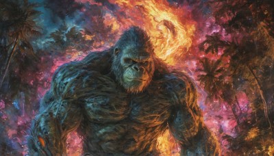 solo,looking at viewer,1boy,closed mouth,upper body,weapon,white hair,male focus,multiple boys,teeth,tree,muscular,glowing,colored skin,facial hair,scar,fire,muscular male,beard,topless male,monster,palm tree,manly,short hair,outdoors,night,blue skin