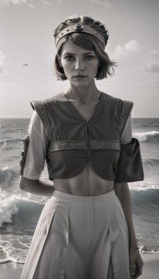 1girl,solo,breasts,looking at viewer,short hair,skirt,shirt,navel,jewelry,closed mouth,standing,collarbone,monochrome,short sleeves,greyscale,cowboy shot,outdoors,parted lips,sky,day,midriff,artist name,cloud,signature,water,bracelet,lips,crop top,bird,ocean,watermark,beach,web address,freckles,arm behind back,arm at side,long skirt,realistic,nose,sand,horizon,waves,shore,armband