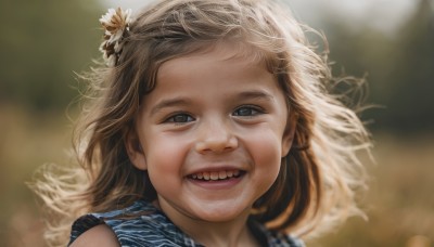 1girl,solo,looking at viewer,smile,open mouth,blue eyes,blonde hair,brown hair,hair ornament,flower,teeth,hair flower,blurry,lips,grey eyes,depth of field,blurry background,wind,portrait,realistic,long hair,floating hair,parody,meme