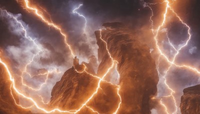 solo,outdoors,sky,cloud,no humans,cloudy sky,scenery,rock,fantasy,electricity,lightning,cliff,standing,glowing,star (sky),mountain,landscape