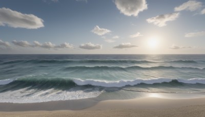 outdoors,sky,day,cloud,water,blue sky,no humans,ocean,beach,cloudy sky,scenery,sunset,sand,sun,horizon,waves,shore,sunlight,vehicle focus