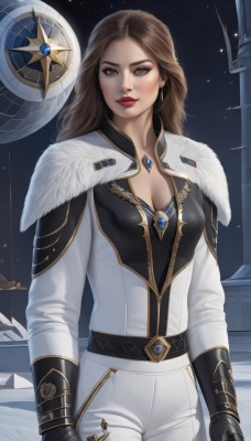 1girl,solo,long hair,breasts,looking at viewer,brown hair,gloves,long sleeves,cleavage,brown eyes,jewelry,medium breasts,closed mouth,jacket,weapon,cowboy shot,earrings,sky,black gloves,belt,pants,lips,fur trim,makeup,white jacket,lipstick,gauntlets,gem,star (sky),starry sky,gold trim,realistic,white pants,nose,red lips,space,planet,holding,standing,sword,cape,holding weapon,night,night sky