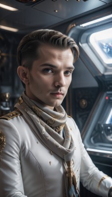 solo,looking at viewer,short hair,blue eyes,brown hair,1boy,closed mouth,upper body,male focus,indoors,uniform,lips,military,facial hair,science fiction,realistic,nose,pilot suit,animification,spacesuit,pilot,black hair,gloves,long sleeves,military uniform,expressionless,spacecraft,medal,cockpit