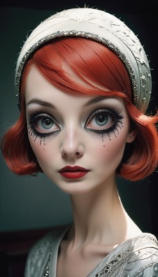 1girl,solo,looking at viewer,short hair,bangs,blue eyes,closed mouth,green eyes,collarbone,red hair,lips,grey eyes,eyelashes,makeup,swept bangs,lipstick,portrait,eyeshadow,freckles,realistic,nose,red lips,bonnet,mascara,dress,watermark,web address