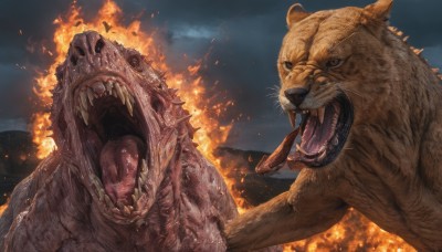 open mouth,brown eyes,outdoors,sky,teeth,tongue,tongue out,no humans,animal,fangs,fire,sharp teeth,claws,monster,realistic,battle,whiskers,breathing fire,kaijuu,night,smoke