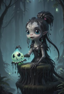 1girl,solo,long hair,breasts,blue eyes,black hair,dress,jewelry,sitting,ponytail,earrings,small breasts,outdoors,pointy ears,signature,black dress,tree,lips,colored skin,monster girl,nature,forest,slime (substance),tree stump,looking at viewer,smile,very long hair,teeth,water,makeup,leaf,lipstick,creature