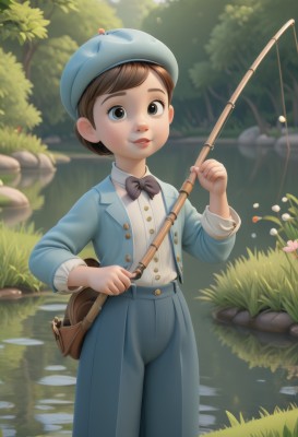 1girl,solo,looking at viewer,short hair,brown hair,shirt,long sleeves,hat,bow,holding,brown eyes,standing,jacket,white shirt,flower,outdoors,parted lips,day,pants,bowtie,water,bag,tree,black bow,grass,blue jacket,child,nature,androgynous,blue headwear,forest,black bowtie,rock,blue pants,male child,river,fishing rod,pond,stream,smile,1boy,male focus,teeth,black eyes,formal,suit,lily pad