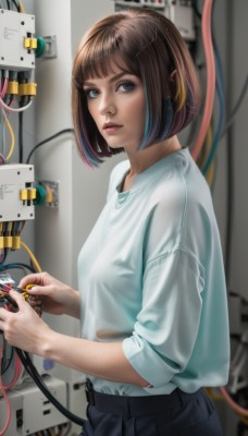 1girl,solo,breasts,looking at viewer,short hair,bangs,blue eyes,brown hair,shirt,holding,closed mouth,standing,white shirt,upper body,multicolored hair,pants,indoors,blunt bangs,nail polish,blurry,from side,lips,fingernails,see-through,grey eyes,blurry background,black pants,bob cut,denim,science fiction,jeans,realistic,nose,cable,wire,brown eyes,jewelry,blue hair,earrings,belt,robot,t-shirt,mechanical parts