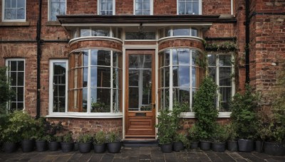 outdoors,sky,day,tree,no humans,window,plant,building,scenery,stairs,door,potted plant,bush,brick wall,brick