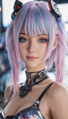 1girl,solo,long hair,breasts,looking at viewer,smile,short hair,bangs,blue eyes,hair ornament,cleavage,bare shoulders,medium breasts,closed mouth,collarbone,upper body,pink hair,multicolored hair,choker,artist name,blurry,two-tone hair,lips,eyelashes,gradient hair,blurry background,headgear,freckles,realistic,nose,swimsuit,sidelocks,bikini,makeup,detached collar,depth of field,portrait,close-up