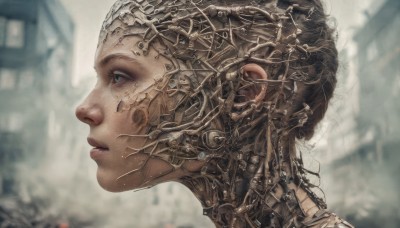 1girl,solo,short hair,blue eyes,brown hair,closed mouth,blurry,from side,lips,eyelashes,profile,depth of field,blurry background,building,portrait,science fiction,realistic,nose,cable,cyborg,cyberpunk,black hair,outdoors,parted lips,makeup,headgear,looking away,helmet,robot,close-up,android,looking afar