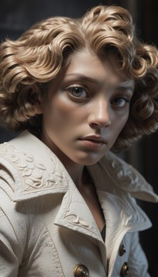 1girl,solo,looking at viewer,short hair,blonde hair,brown eyes,closed mouth,jacket,upper body,blurry,lips,coat,eyelashes,buttons,blurry background,portrait,freckles,curly hair,realistic,nose,brown hair,watermark,expressionless,web address