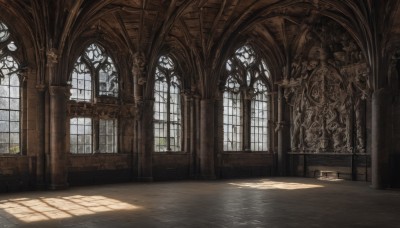 day,indoors,no humans,window,shadow,sunlight,scenery,light rays,stairs,door,clock,architecture,sunbeam,pillar,statue,hallway,church,arch,column,wooden floor,stained glass