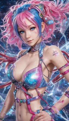 1girl,solo,breasts,looking at viewer,smile,short hair,bangs,blue eyes,large breasts,hair ornament,navel,cleavage,hair between eyes,bare shoulders,twintails,jewelry,medium breasts,closed mouth,blue hair,collarbone,swimsuit,upper body,pink hair,bikini,multicolored hair,earrings,parted lips,choker,midriff,shiny,artist name,signature,armpits,stomach,star (symbol),bracelet,two-tone hair,lips,hand on hip,shiny skin,eyelashes,tattoo,makeup,watermark,piercing,wristband,star (sky),pink lips,realistic,nose,long hair,collar,facial mark,ring,armband,web address