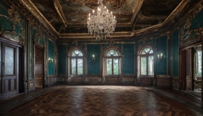 indoors,no humans,window,sunlight,scenery,wooden floor,stairs,fantasy,door,light,candle,architecture,pillar,statue,ceiling,hallway,carpet,church,arch,candlestand,reflective floor,chandelier,column,day,chair,table,tile floor,painting (object)