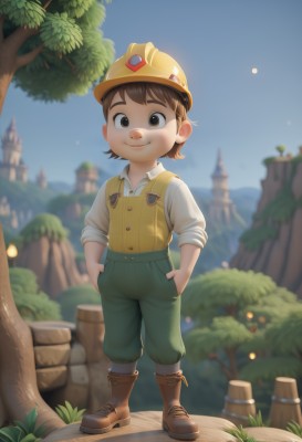 solo,looking at viewer,smile,short hair,brown hair,shirt,1boy,hat,brown eyes,closed mouth,standing,full body,white shirt,male focus,boots,outdoors,sky,day,pants,blurry,vest,tree,blue sky,blurry background,brown footwear,helmet,grass,child,hands in pockets,overalls,male child,yellow headwear,barrel,collared shirt,thick eyebrows,sleeves rolled up,castle,tree stump