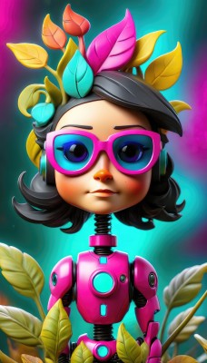 1girl,solo,looking at viewer,smile,short hair,blue eyes,black hair,upper body,flower,glasses,mole,lips,makeup,headphones,leaf,sunglasses,plant,robot,android,mechanical arms,tinted eyewear,cyborg,brown hair,hair ornament,hair flower,joints,robot joints,pink-framed eyewear,humanoid robot