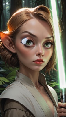 1girl,solo,breasts,looking at viewer,short hair,blonde hair,brown hair,holding,cleavage,green eyes,upper body,weapon,small breasts,outdoors,parted lips,pointy ears,sword,hair bun,holding weapon,lips,fingernails,eyelashes,leaf,holding sword,single hair bun,thick eyebrows,elf,nature,forest,freckles,realistic,nose,energy sword,lightsaber,blush,closed mouth,tree,makeup,heterochromia,portrait,forehead,mascara