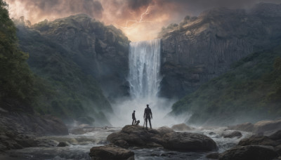 standing, outdoors, multiple boys, sky, cloud, water, tree, cloudy sky, nature, scenery, rock, mountain, silhouette, lightning, waterfall, cliff