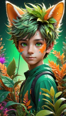 solo,looking at viewer,smile,short hair,bangs,1boy,animal ears,closed mouth,green eyes,upper body,flower,male focus,outdoors,green hair,artist name,cat ears,hood,bag,blurry,from side,lips,gradient,fox ears,leaf,watermark,facial mark,backpack,plant,freckles,nose,facepaint,fox boy,midoriya izuku,shirt,jacket,multicolored hair,sky,messy hair,star (sky),web address,extra ears,kemonomimi mode,green jacket,green shirt,male child