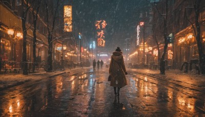 1girl,short hair,black hair,long sleeves,1boy,holding,standing,male focus,boots,outdoors,multiple boys,sky,solo focus,pants,hood,water,bag,from behind,black footwear,tree,coat,night,umbrella,phone,ground vehicle,building,night sky,scenery,snow,reflection,walking,rain,lantern,snowing,city,sign,facing away,road,winter,multiple others,brown coat,lamppost,bare tree,street,crowd,puddle,people,hat,scarf,motor vehicle,silhouette,car,cityscape,dark,ambiguous gender,city lights,pavement,6+others,vanishing point,sidewalk