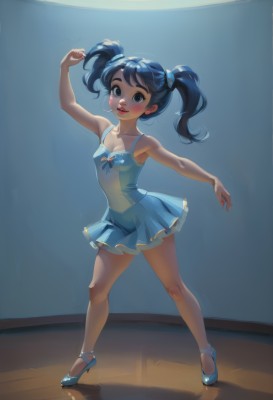 1girl,solo,long hair,breasts,looking at viewer,blush,open mouth,blue eyes,black hair,hair ornament,dress,holding,cleavage,bare shoulders,twintails,blue hair,standing,collarbone,full body,small breasts,parted lips,shoes,indoors,armpits,black eyes,arm up,leotard,lips,see-through,makeup,blue dress,short dress,short twintails,blue footwear,blue leotard,ballerina,ballet slippers,ballet,tutu,smile,bangs,skirt,high heels,covered nipples,blue skirt,shadow,child,red lips,female child,dancing