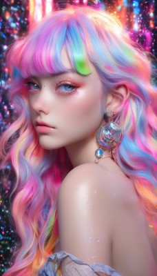 1girl,solo,long hair,looking at viewer,bangs,blue eyes,bare shoulders,jewelry,closed mouth,blue hair,upper body,pink hair,multicolored hair,earrings,shiny,artist name,mole,blurry,from side,lips,streaked hair,eyelashes,sparkle,gradient hair,makeup,watermark,wavy hair,lipstick,gem,web address,strap slip,eyeshadow,personification,freckles,pink lips,glint,realistic,nose,eyeliner,colorful,mascara,rainbow hair,blunt bangs,looking to the side,portrait,pearl (gemstone)